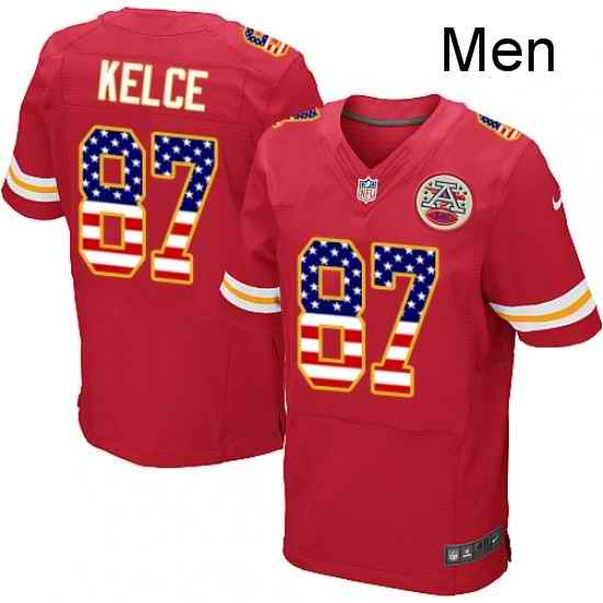 Men Nike Kansas City Chiefs 87 Travis Kelce Elite Red Home USA Flag Fashion NFL Jersey